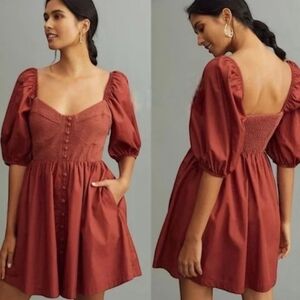 Maeve by Anthropologie Puff Sleeve Sweetheart Rust Brown Mini Dress Size XS